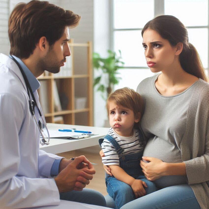 una mujer embarazada está con su otro niño en la clínica del doctor