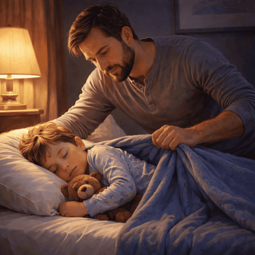 Padre arropa a su hijo que se ha quedado dormido destapado