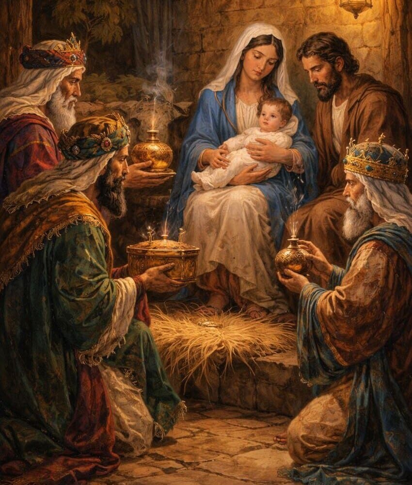 Los reyes magos van a adorar a Jesús